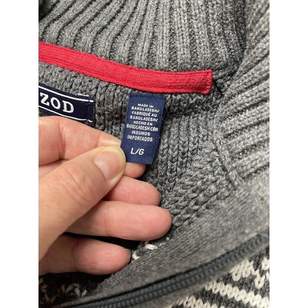 IZOD Mens Sweater Large Fair Isle 1/4 Zip Pullover Chunky Grey Holiday Christmas